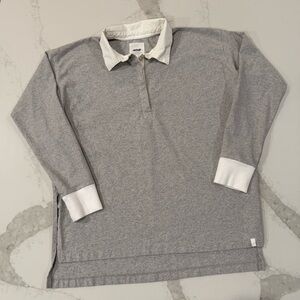 Aerie Cotton Prep Rugby Oversized Polo Long Sleeve Shirt Women’s XS Gray/White